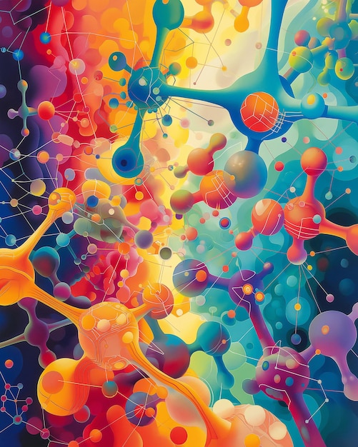 Colorful abstract depiction of molecular structures with interconnected spheres and bonds in a vibra