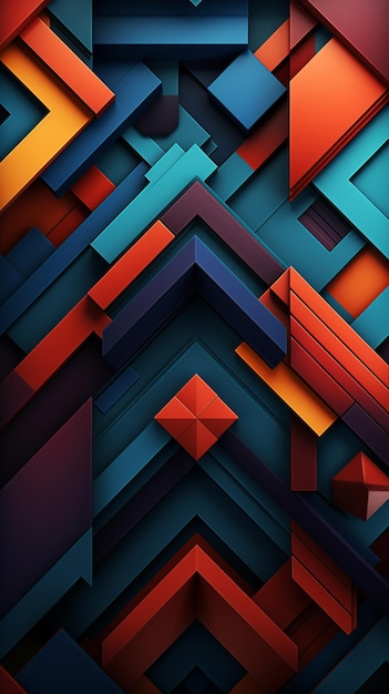 a colorful abstract design with a red triangle in the middle