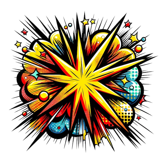 Colorful abstract explosive graphics with a yellow star in the center surrounded by different shapes