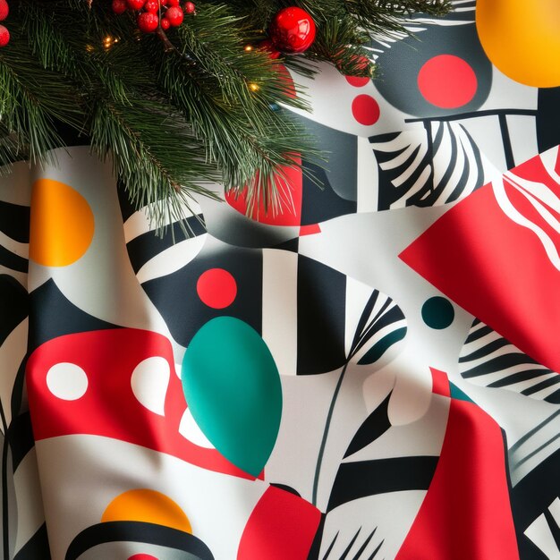 Photo a colorful abstract fabric design with geometric shapes and festive greenery