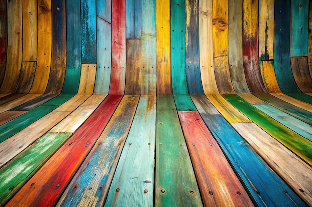 Colorful abstract floor background on weathered wood with fisheye effect