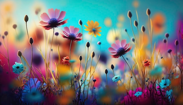 Colorful abstract flower meadow as panorama background Generative AI