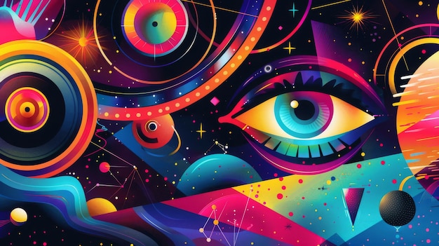 Photo colorful abstract futuristic design eye with vibrant geometric shapes stars and space elements