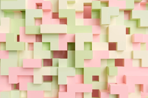 Colorful abstract geometric 3d background with random cubes elements Green and pink pastel colors