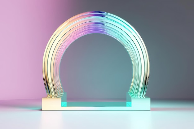 Colorful abstract holographic metallic arches on pastel gradient background