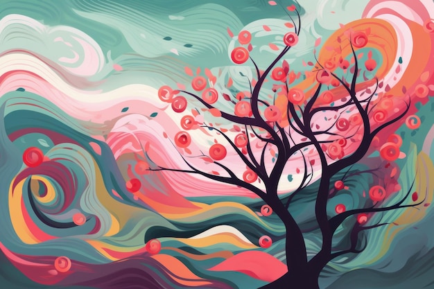 A colorful abstract illustration of a tree with leaves on the branches.