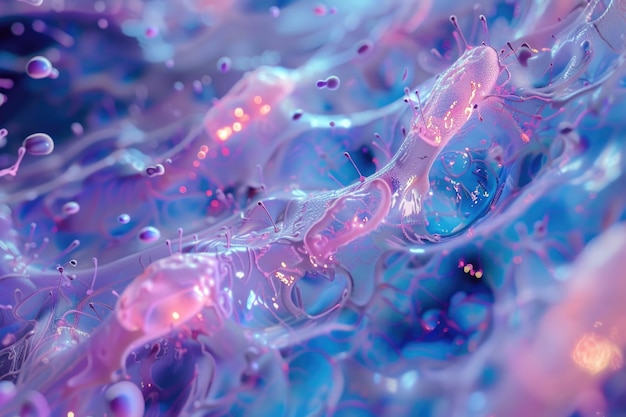 A colorful abstract image of cells with pink and blue hues