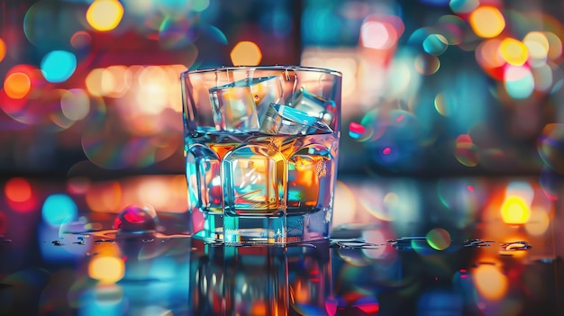 Colorful abstract image of a glass filled with ice cubes on a reflective surface surrounded by vibrant bokeh lights