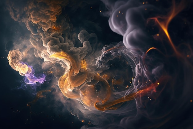 A colorful abstract image of a planet with a cloud and fire.