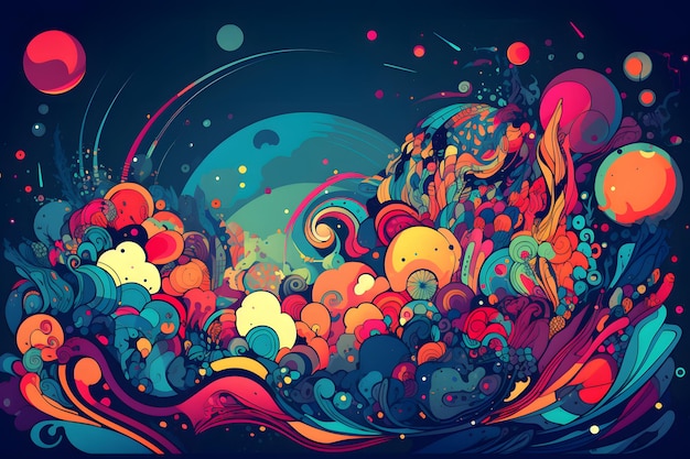 Colorful abstract image with lots of bubbles and swirls on black background Generative AI