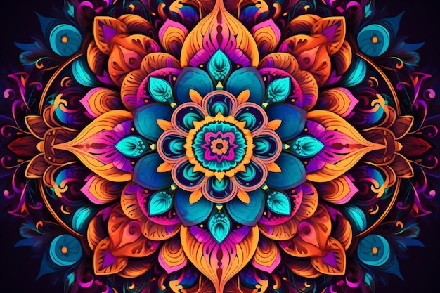 colorful abstract mandala on a black background.