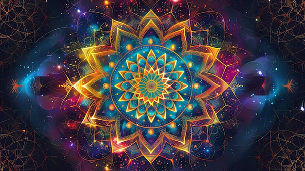 Colorful abstract mandala with glowing lights and a cosmic backdrop