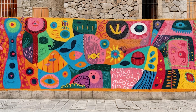 Photo colorful abstract mural on stone wall