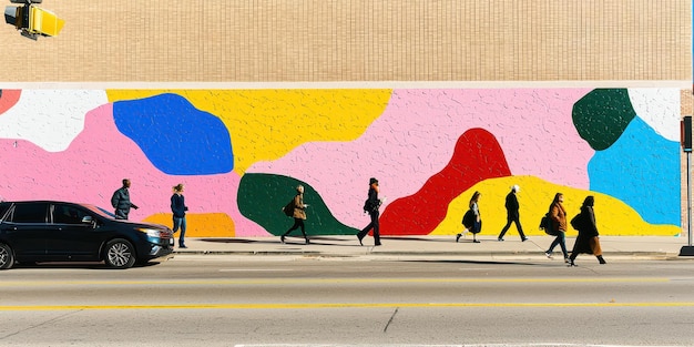 Photo colorful abstract mural street art cityscape urban wall people walking