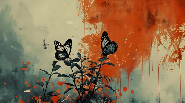 Photo colorful abstract nature painting with butterflies and bold typography