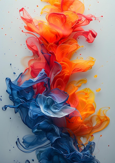 A colorful abstract painting of a flame with blue red and yellow colors