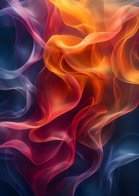 A colorful abstract painting of flames with a blue background