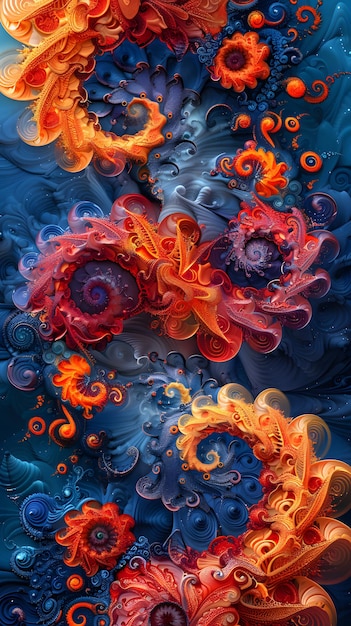 A colorful abstract painting of flowers with a blue background