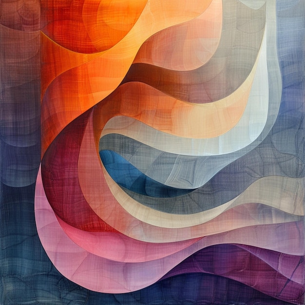 a colorful abstract painting of a wave that is colored orange and blue