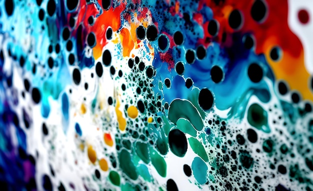 A colorful abstract painting with black, blue, and red circles