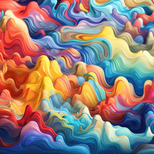 A colorful abstract painting with a blue background and a red and blue swirls.