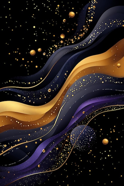 a colorful abstract painting with gold and black lines