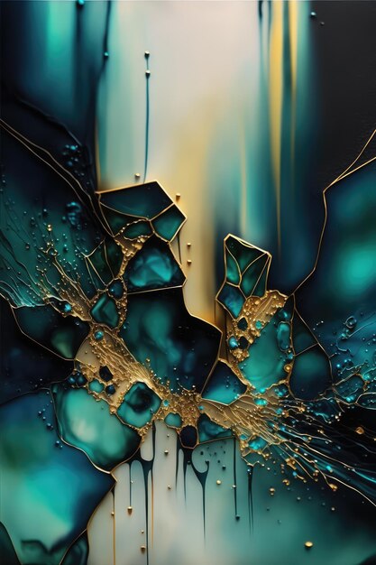 A colorful abstract painting with gold and blue colors.