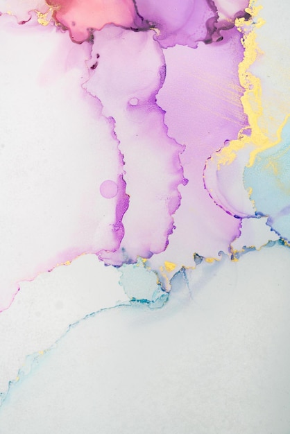 A colorful abstract painting with a white background and a purple and yellow paint splashing down the middle.