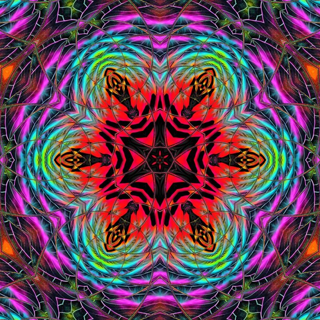 A colorful abstract pattern with a star in the middle.