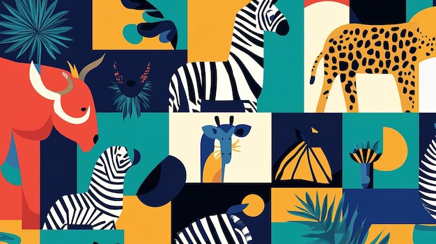 Photo colorful abstract patterns featuring various animals including zebras a giraffe and a leopard in a vibrant design