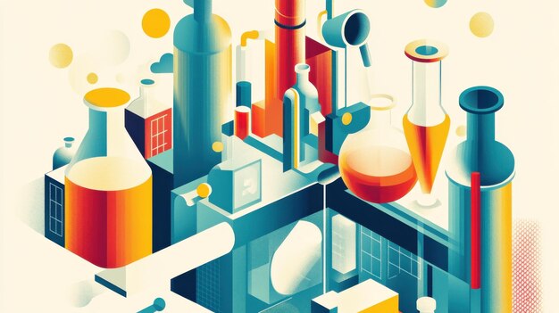 Colorful abstract representation of a laboratory filled with various scientific equipment and glassware showcasing a creative approach to science