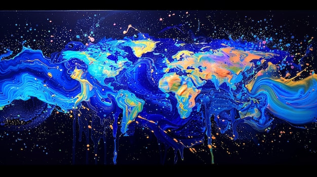 Colorful Abstract Representation of World Map in Vivid Blue and Yellow Paint Splatters