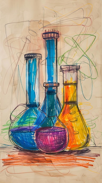 Colorful abstract sketch of laboratory flasks with vibrant backdrops