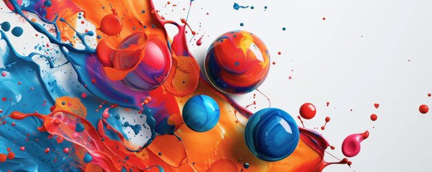 Photo colorful abstract splash of paint with floating spheres on white background