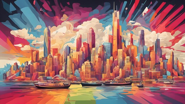 A colorful abstract vector art illustration of a bustling metropolis