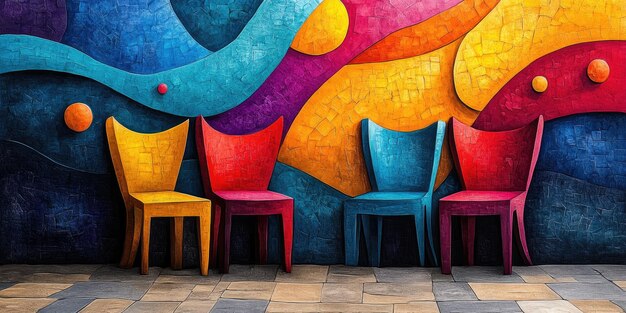 Photo colorful abstract wall with four chairs