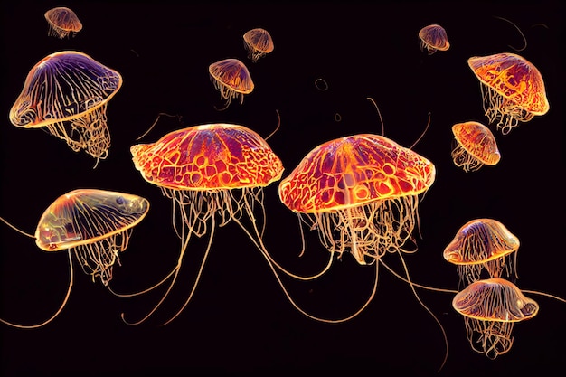 Colorful acid Jellyfish moving in water 2d illustration