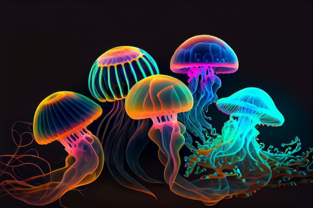 Colorful acid Jellyfish moving in water illustration