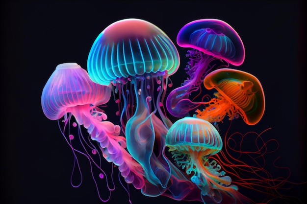 Colorful acid Jellyfish moving in water illustration