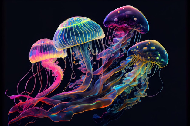 Colorful acid Jellyfish moving in water illustration