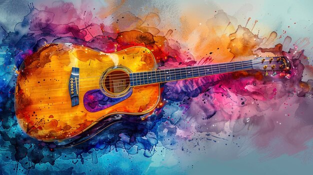 Photo colorful acoustic guitar on watercolor illustration painting background vibrant and artistic