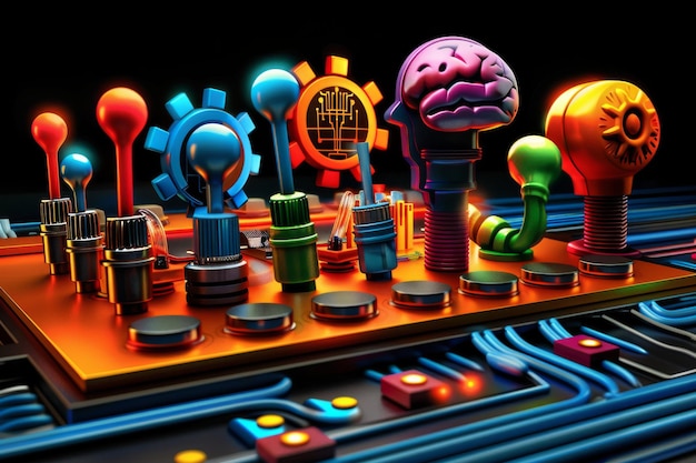 Photo colorful ai brain on futuristic circuit board with glowing components