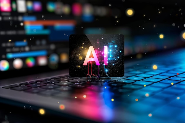 Colorful AI graphics on a laptop screen showcasing the integration of artificial intelligence in m