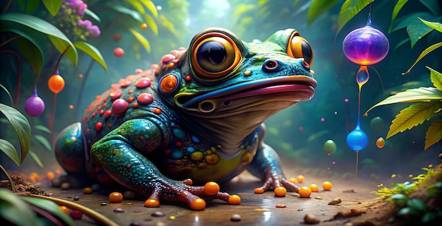 Colorful alien amphibian in a misty rainforest