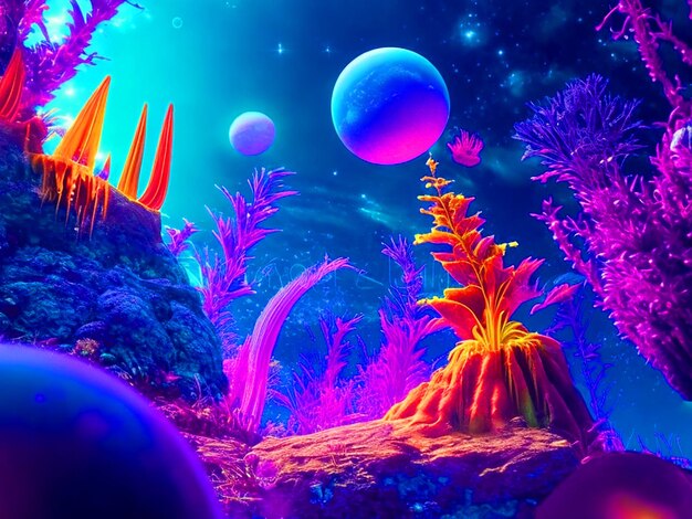 colorful alien world full of microscopic life the sparkle of gems rich colors UV neon