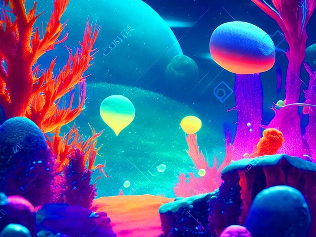 colorful alien world full of microscopic life the sparkle of gems rich colors UV neon