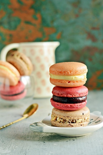 Colorful Almond macarons with various fillings Small French cakes