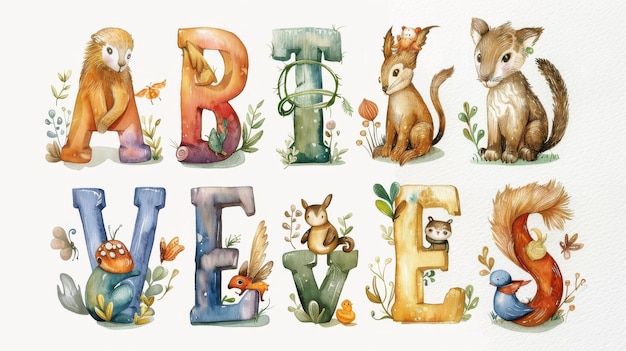 Colorful Alphabet Artwork Featuring Playful Animals in a Whimsical Nature Setting