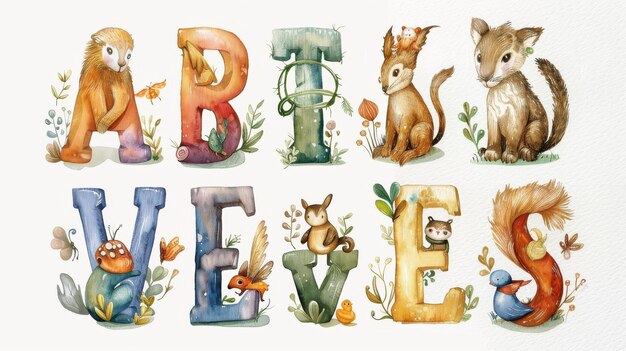 Photo colorful alphabet artwork featuring playful animals in a whimsical nature setting