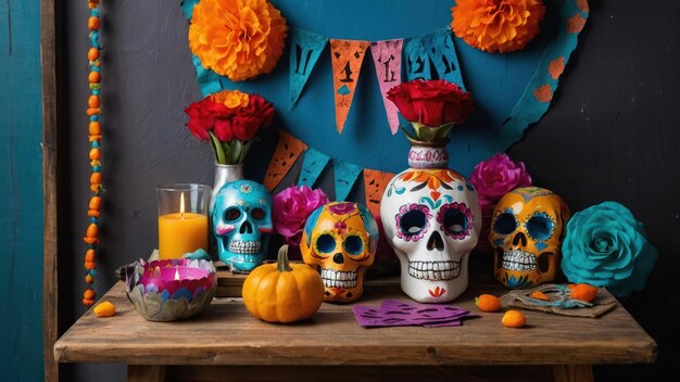 Colorful altar with candles skulls and flowers for Day of the Dead celebration